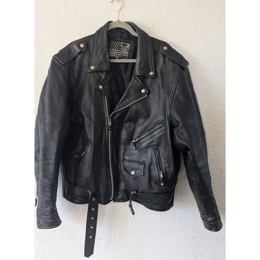 USA Bikers Dream Apparel Black Leather Motorcycle Jacket Belted Size 50